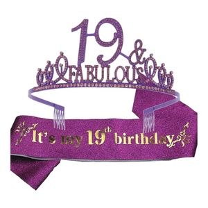 19th BirthdayTiara Crown, Fabulous Set Includes Glitter Sash& Purple Tiara